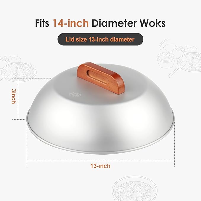 Aluminum Wok Cover for 13"-14" Hand Hammered Wok, 12.5 inch Flat Wok Lid