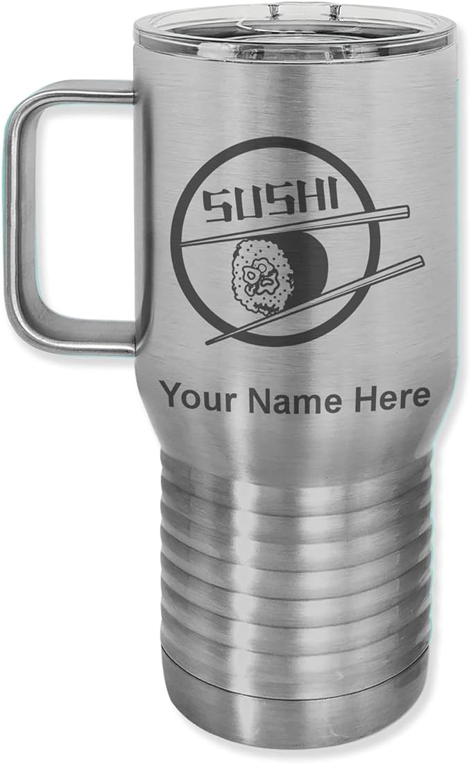 LaserGram 20oz Vacuum Insulated Travel Mug with Handle, Sushi, Personalized Engraving Included (Stainless Steel)