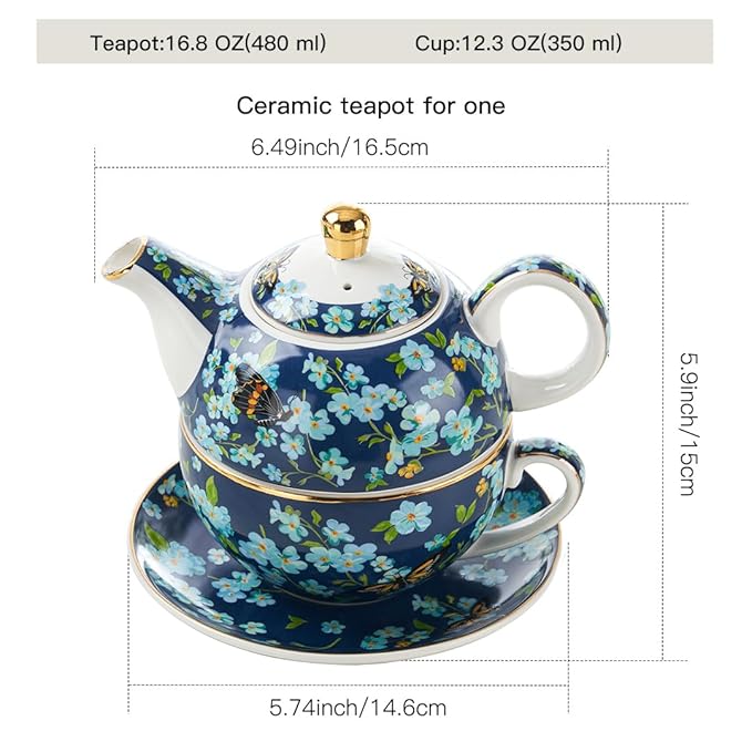 Tea for One Porcelain Teapot and Cup Set, Tea Set for One, Floral Teapot, Tea Set Gift for Women, Butterfly Blue
