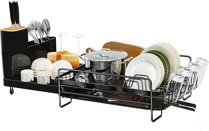 Runnatal Large Dish Drying Rack with Drainboard Set, Dish Rack, Extendable Dish Rack, Utensil Holder, Cup Holder, Expandable Dish Drainer for Kitchen Counter, 21.6"-30.3" L x 12.6" W