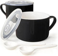 Soup Bowls with Handles & Spoons, 30oz Ceramic Ramen Bowl with Lid, Large Soup Mugs/Cups for Instant Noodle, Big Cereal Bowls for Oatmeal, Soup Containers with Lids, Set of 2, Black