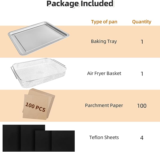 Air Fryer Accessories Compatible with Emeril Lagasse 26 Qt Extra Large, Baking Pans Set with Stainless Steel Baking Sheet Basket, Parchment Paper Teflon Mat for Oven