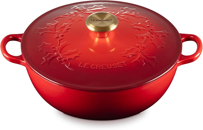Le Creuset Enameled Cast Iron Holly Collection Soup Pot, 4.5 qt., Cerise with Gold Knob