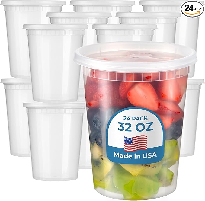 Fit Meal Prep 24 Pack 32 oz Deli Containers with Lids Variety Pack, US Made Leakproof Assorted Plastic Soup Containers, Combo Clear Food Storage Containers with Lids, Microwave Freezer Safe