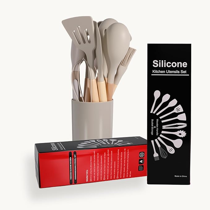 Silicone Cooking Utensil Set,12 PCS Cooking Cookware Kitchen Utensils Set, Nonstick 446°F Heat-Resistant Cookware Kitchen Tools of Spatula,Turner Tongs,Spoon,Brush,Whisk,(khaki)