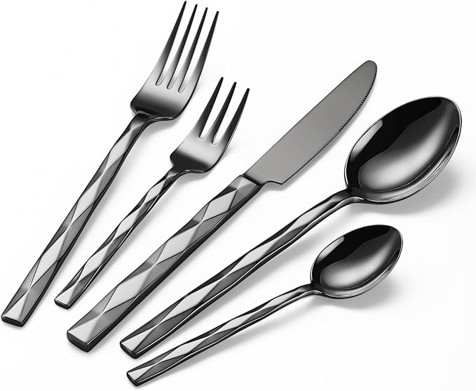Black Silverware Set, Luxury 30-Piece Flatware Set for 6, Cutlery Set Stainless Steel, Diamond Cut Pattern, Home, Wedding & Party, 18/10 Stainless Steel Tablewaret & Dishwasher Safe Utensils.