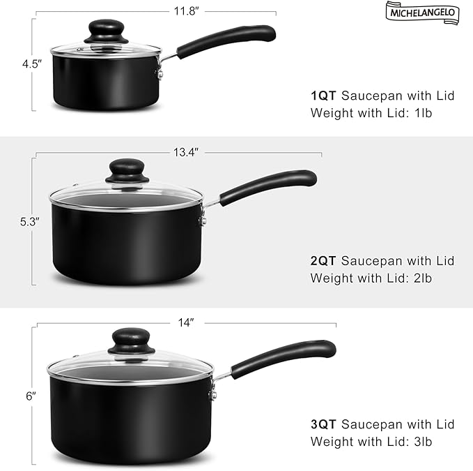 MICHELANGELO Nonstick 3 Quart Saucepan with Lid, Ceramic Small Sacuce pan with Steamer, Easy to Clean, Non-Toxic Saucepan, 3QT with Steamer, Black