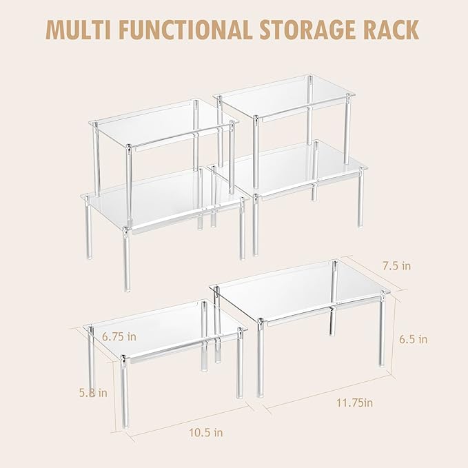 Clear Acrylic Cabinet Organizer Shelf, Set of 2 Spice Rack Organizer for Kitchen, Countertop Desk Organizers Display Riser Shelves, Stackable Kitchen Cabinet Shelf, Pantry Storage