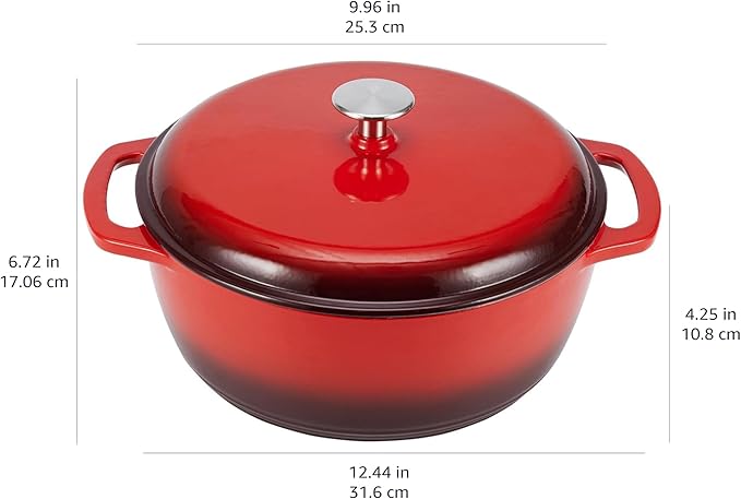 Amazon Basics Cast Iron Dutch Oven Pot with Lid, Enameled, Round, Dual Handles, Heavy-Duty, Small, 4.3-Quart, Red