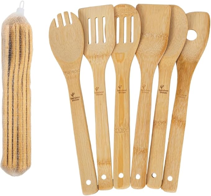 6 Piece kitchen utensils set - bamboo cooking utensils with comfort grip, including bamboo spoons, shovels & spatulas | wooden utensil set for non-stick pans, kitchen essentials