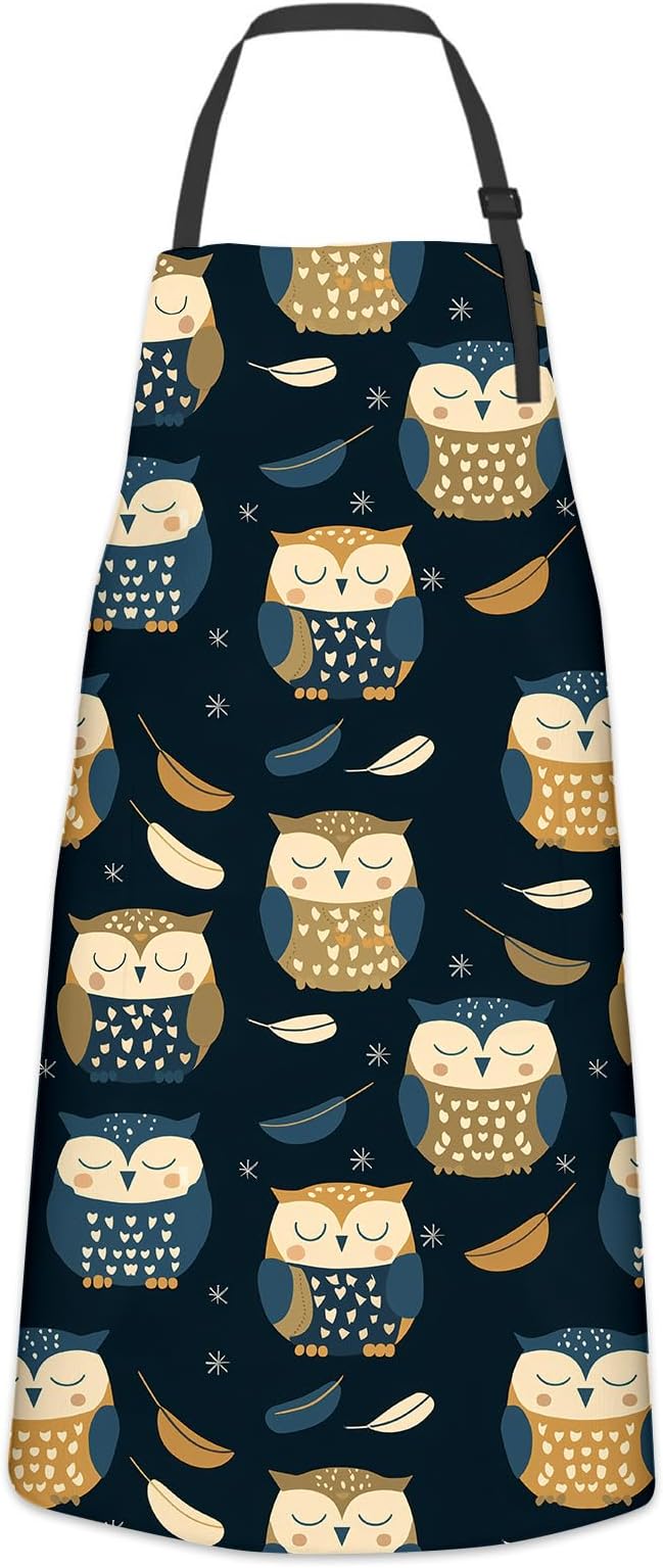 Adorable Owl Apron for Women Men, Cooking BBQ Chef Polyester Lightweight Playful Cartoon Bird Aprons with Pockets for Baking Kitchen Gardening Cleaning, Adjustable Neck Strap, 28×33inch