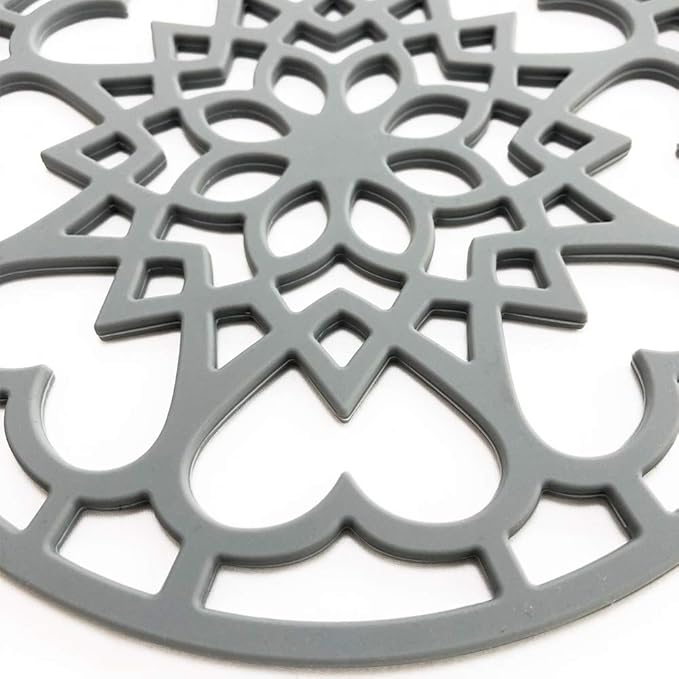 3 Set Silicone Trivet Mats with 1 Extra Large Included | Intricately Carved Insulated Flexible Durable Non Slip Thick Round Premium Trivets for Hot pots and Pans | Gray