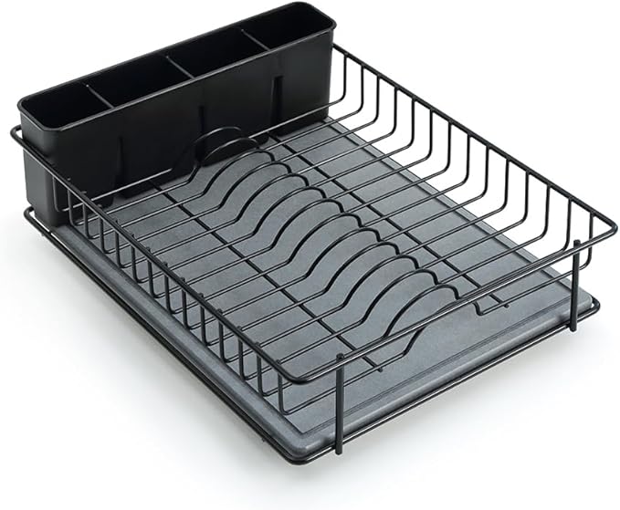 SunnyPoint 304 Stainless Steel Dish Drying Rack with Diatomaceous Earth Drainboard & Removable Utensil Caddy – Rust Resistant Countertop Dish Rack for Kitchen (Black)