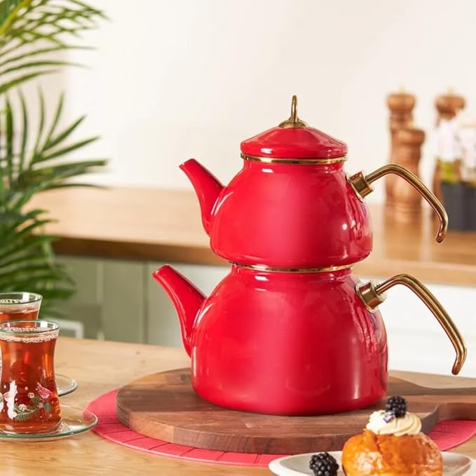 Karaca Retro Turkish Teapot for Stovetop, 1.1L Turkish Tea Pot & 2.3L Kettle, Dishwasher Safe, Induction Tea Pot Set, Vibrant Color Lasting Enamel, Samovar Style, Red