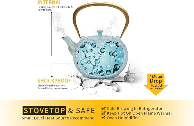 Tea Kettle, Toptier Japanese Cast Iron Tea Kettle for Stove Top, Stovetop Safe Teapot with Infusers for Loose Tea, 34 Ounce (1000 ml), Turquoise Melody