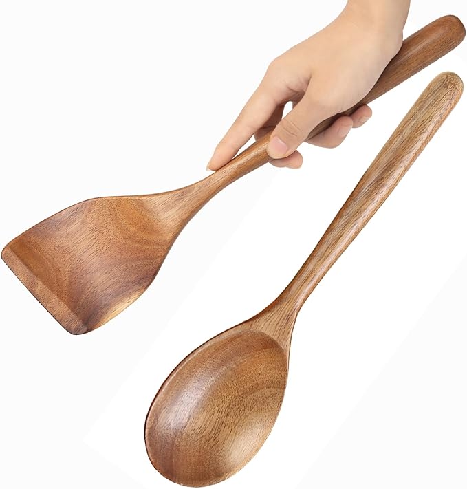 2PCS Acacia Wooden Spoons For Cooking 12-inch Smooth Finish Spatula Spoon And Cooking Spoons-Comfortable Grip Wood Spoons for Cooking - Non-Stick Wooden Cooking Utensils