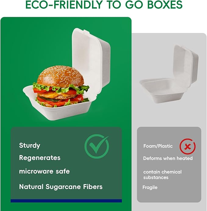 JOLLY CHEF Clamshell Take Out Food Containers, [6 * 6" 200-Pack] To Go Containers Disposable, Sugarcane To Go Boxes for Salad,Lunch