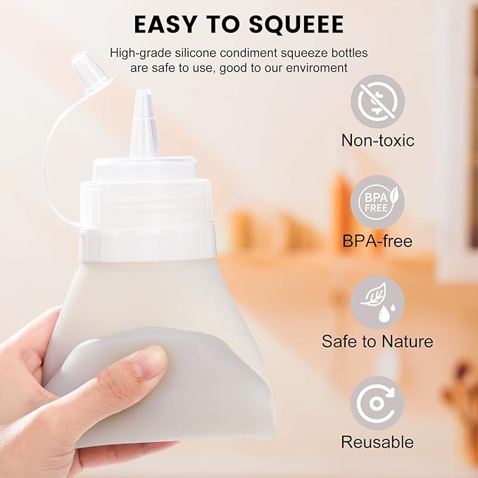 Condiment Squeeze Bottles, 16 oz Silicone Squeeze Bottles For Sauces, Leak Proof Condiment Containers with Extra Interchangeable lid, Easy Squeeze for Oil, Honey & Dressings, BPA FREE (4 Pack)