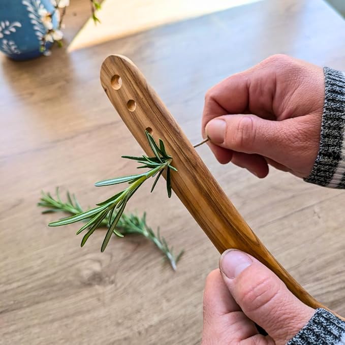 OLIVE WOOD SPATULA - Built-in Herb Stripper, Wooden Frying Spatula, Artisan Utensil, Fair-Trade, Handcrafted Cooking Utensils -LESVOS WOODCRAFT