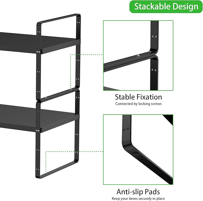 Expandable Cabinet Storage Shelf, Stackable Organizer Rack for Kitchen Bathroom Pantry Spice Cupboard Countertop Home Office Desk, Heavy Duty, Black Large 1 PACK, 10.2 Inch Depth