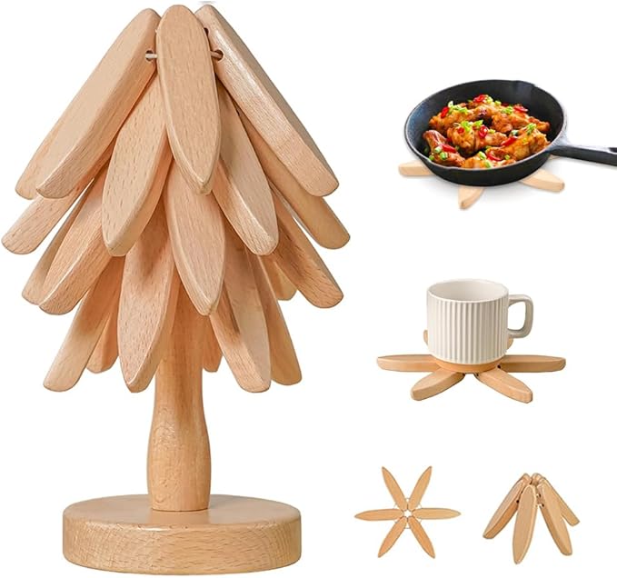 Wooden Trivets for Hot Dishes， Tree Shape Trivet Set,Trivets for Hot Dishes - 4 Wooden Trivet + 1 Stand（Beech Wood）