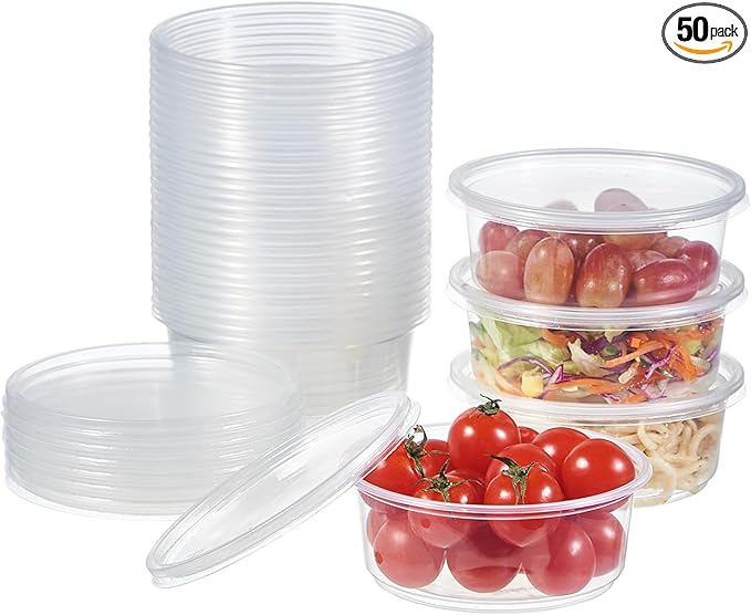 FULING [50 Set - 8 oz. Plastic Deli Food Storage Containers With Lids Disposable Clear Small Togo Containers …