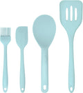 Silicone Utensils 4-Piece Set – Rubber Spatula, Pastry Brush, Slotted Turner, and Rice Paddle – Complete Heat-Resistant Set for Non-Stick Cookware – Kitchen Tools for Cooking and Baking – Pastel Blue