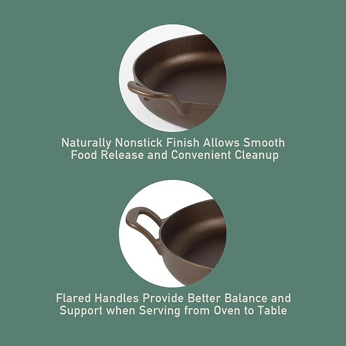 Bloomhouse - Two Time Oprah's Favorite Things Winner - Natural Bronze Finish 10" Cast Iron Skillet w/Long Handle, Helper Handle & Olive Wood Trivet – Olive Oil Treated Fry Pan, Oven & Stovetop Safe