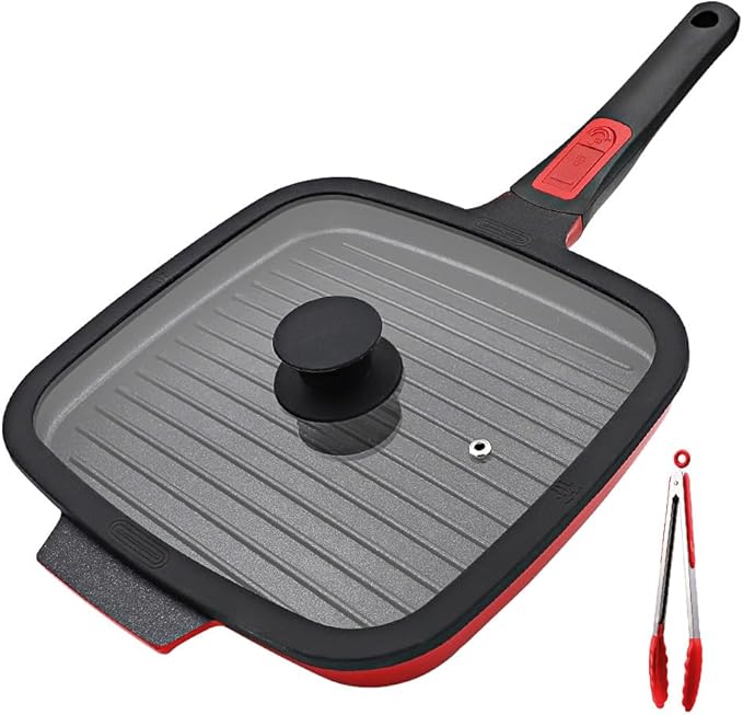 Grill Pan for Stove Tops with Lid 10 inch, Nonstick Square Griddle Pan with Detachable Handle for Indoor Cooking