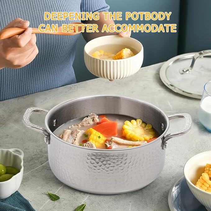 Vivicreate Tri-Ply Stainless Steel Stockpot Deep Cooking Pot with Hammered Exterior Compatible with All Stovetops Even Heat Distribution Durable Cookware for Soups Stews and More 4 QT