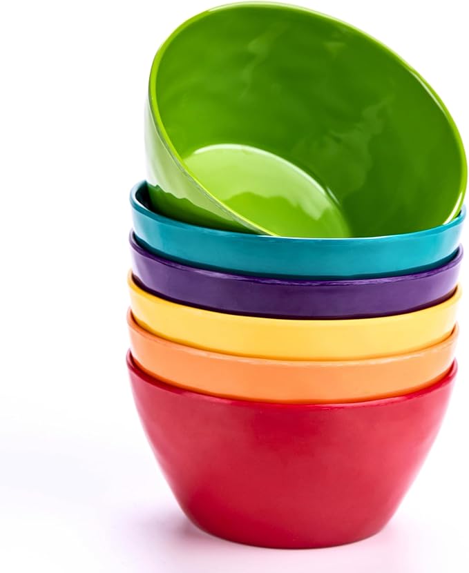 4.7-Inch Melamine Rice Bowls (Set of 6) - 12oz Unbreakable and Reusable Soup Bowls with Ceramic Feel, Stackable and Dishwasher-Safe Dinnerware (Multi-color)