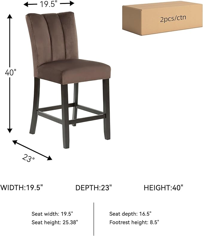 Signature Design by Ashley Jazmore Contemporary Velvet Upholstered Counter Height Bar Stool with Footrest and Adjustable Levelers, Set of 2, Dark Brown & Black