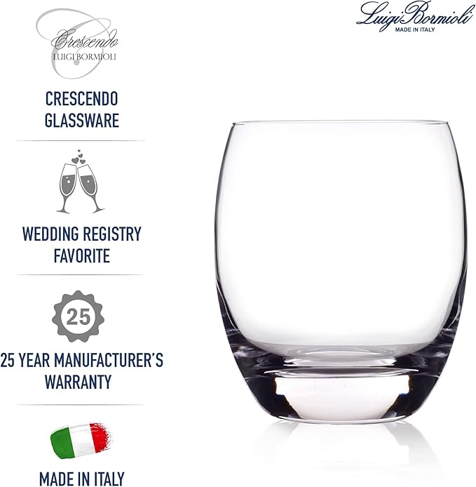 Luigi Bormioli Crescendo Double Old-Fashioned Glasses, Set of 4-15.5 Oz. Lead-Free Crystal Tumblers with Thick Base - Laser Cut Rims, Classic Design for Cocktails, Whiskey & Bars - Dishwasher Safe