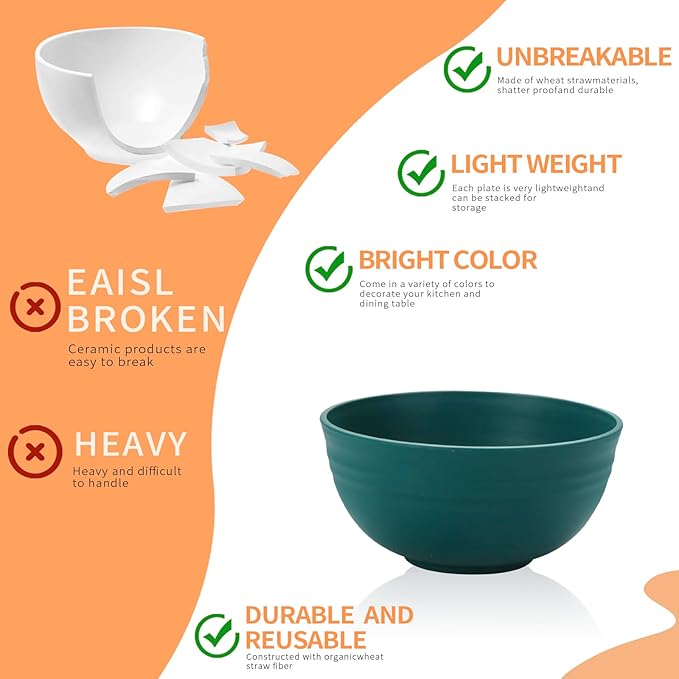 Lazycorner 12 Pcs Wheat Straw Cereal Bowls 26 Oz Wheat Straw Bowls Set Reusable Plastic Bowls for Soup Microwave & Dishwasher Safe Soup and Salad Bowls