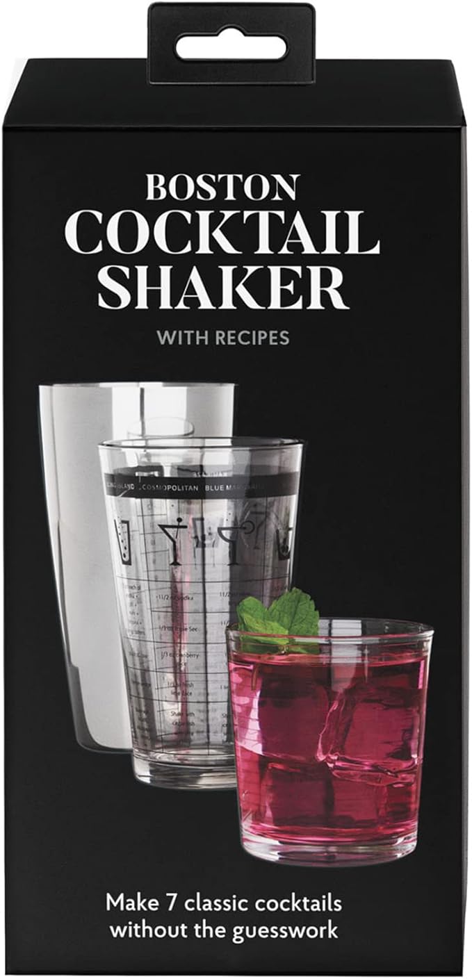HIC Kitchen Bar Boston Cocktail Shaker and Mixer Glass Set with 7 Printed Recipes, 18/8 Stainless Steel and Borosilicate Glass
