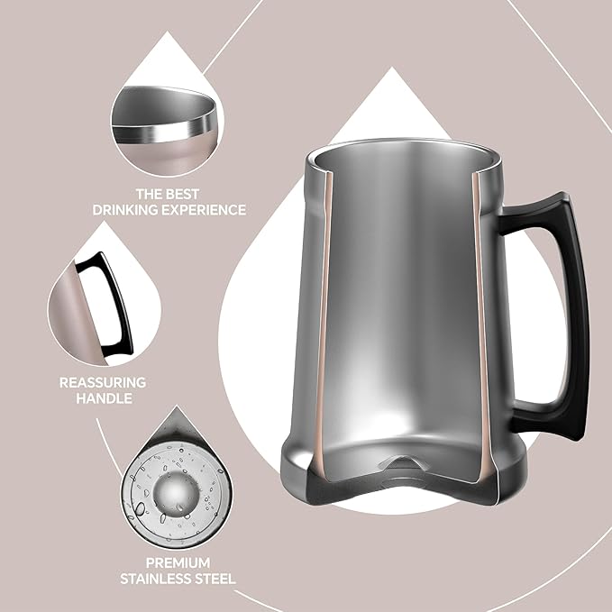 Ideus Insulated Beer Stein, 24/32oz Stainless Steel Double Walled Beer Mug Giant Bar Drinkware Metal Beer Cup with Big Grip Handle (Dusty Pink, 34oz (1,000ml))