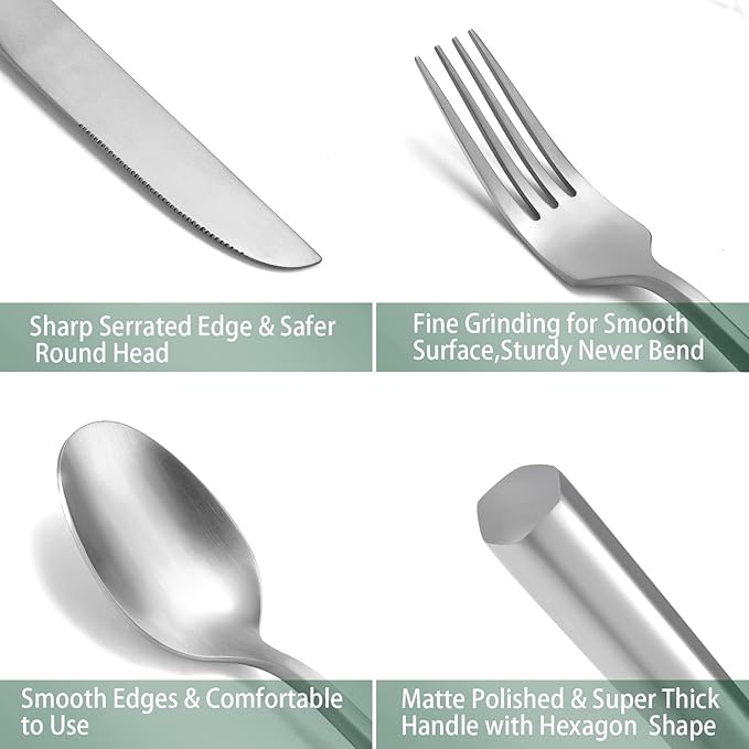 DEACORY Silverware Stainless Steel Flatware Set Matte Finished Cutlery Set Heavy Hexagon Handle Dishwasher Safe 20 Pieces Service for 4