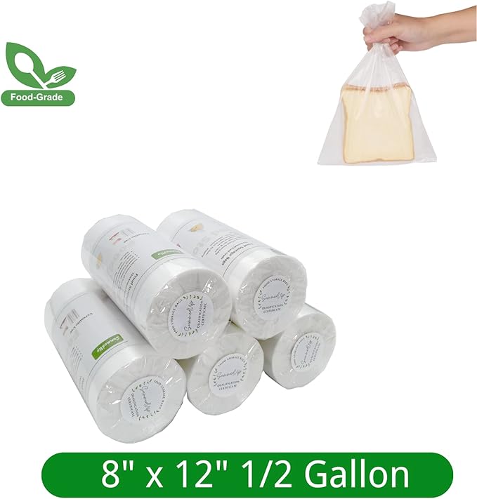 Food Storage Bags 8" x 12" 1/2 Gallon Clear Plastic Bag Roll Food-grade Plastic Produce Bag roll for lunches, Freezer & Oven-Safe PE bags for Kitchen Use , Fruits, Meat, Sandwich Bags 620/Roll