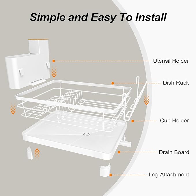 Runnatal Dish Drying Rack, Stainless Steel Dish Rack with Drainboard for Kitchen Counter and Sink, Detachable 2-in-1 Utensil Holder, Cup Holder, Large Capacity Dish Drainer, White