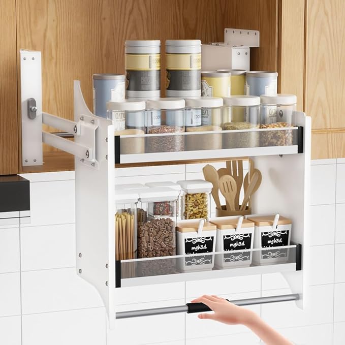 33.8-35.8 Inch Pull Down Shelf Upper Kitchen Wall Cabinet Storage Organizer, Ideal Spice Rack Organizer, Black
