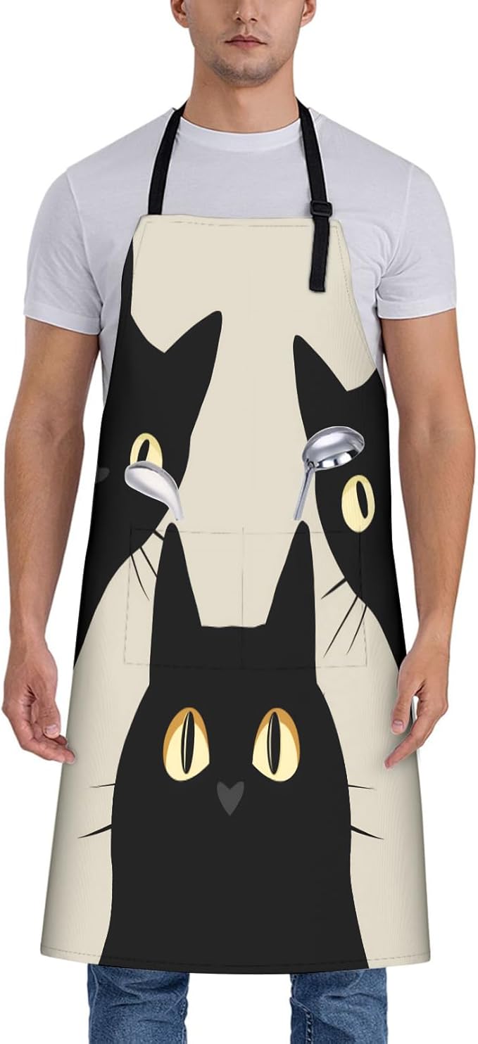 Funny Black Cat Apron for Women, 28x33in, Kitchen Chef Aprons with 2 Pockets, Polyester, Cat Apron for Cooking BBQ Baking Gardening Chef, Gifts for Mom Wife Dad