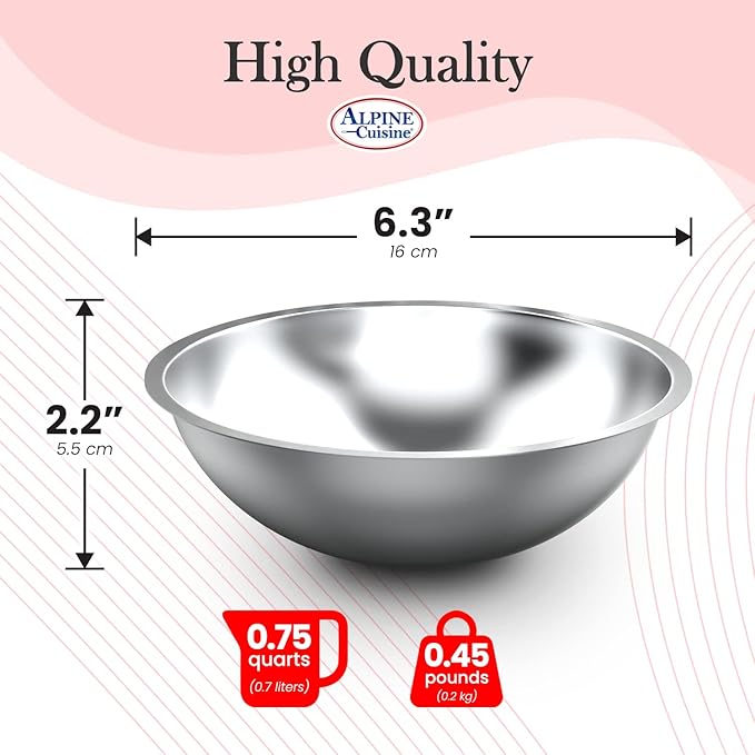 Alpine Cuisine 0.75-Quart Stainless Steel Kitchen Mixing Bowls, Salad Bowls Heavy Duty Deeper Edge, Dishwasher Safe Storage Bowls, Premium Polished Mirror Prep Bowls for Cooking & Serving