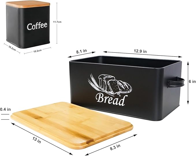 SOTECH Bread Box with 3pcs Jars Coffee Sugar Tea for Kitchen Countertop White Metal Bread Box with Bamboo Board Cover Pastry Storage Container Set Kitchen decor (Black Box and Jars)