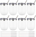 12 oz Insulated Wine Tumbler with Lid and Straw,Stainless Steel Stemless Wine Tumbler Glasses Double Wall Vacuum Wine Cups Tumbler Bulk for Coffee,Champaign,Cocktail (White,8)