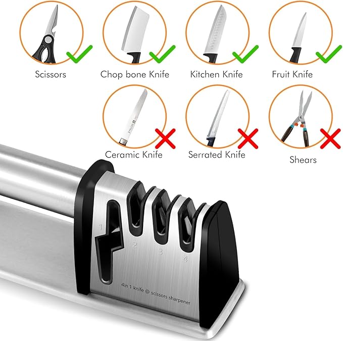 Kitchen Knife Sharpener – 4-in-1 Knife Sharpening System for Scissors, Knives, Blades – Sharpening Tool with Ergonomic Handle and Anti-Slip Base – Tungsten Steel Blade Sharpener