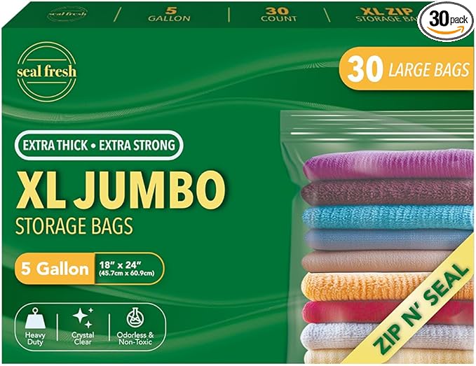 5 Gallon Large Plastic Storage Bags – 18" x 24" (30 Count) – Reusuable XXL Extra Large Heavy Duty Clear Jumbo Freezer Zip Bags with Sealable Zipper Top For Clothes, Travel, Moving