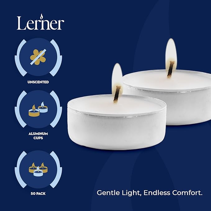 Lerner Tealight Candles, 100 Count| 6 Hours Long-Burning White Tea Light Candles| Non-Toxic, Smokeless & Soot-Free Tea Light Warmer Candles | Unscented Party, Décor, Shabbat Tea Candles