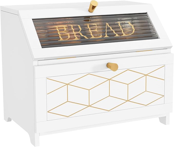 Double Layer Bread Box With Golden Trim for Countertop, Wooden Bread Container for Kitchen Counter, Corner Bread Storage (White)