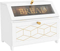 Double Layer Bread Box With Golden Trim for Countertop, Wooden Bread Container for Kitchen Counter, Corner Bread Storage (White)