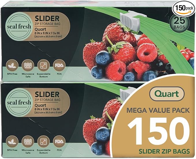 Quart Slider Storage Bags 150 Pack — Reusable Freezer Bags with Expandable Bottom, BPA Free, Microwave Safe, Clear Quart Food Storage Bags